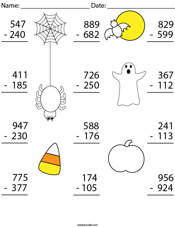 3 Digit Halloween Subtraction Math Worksheet Twisty Noodle 6606